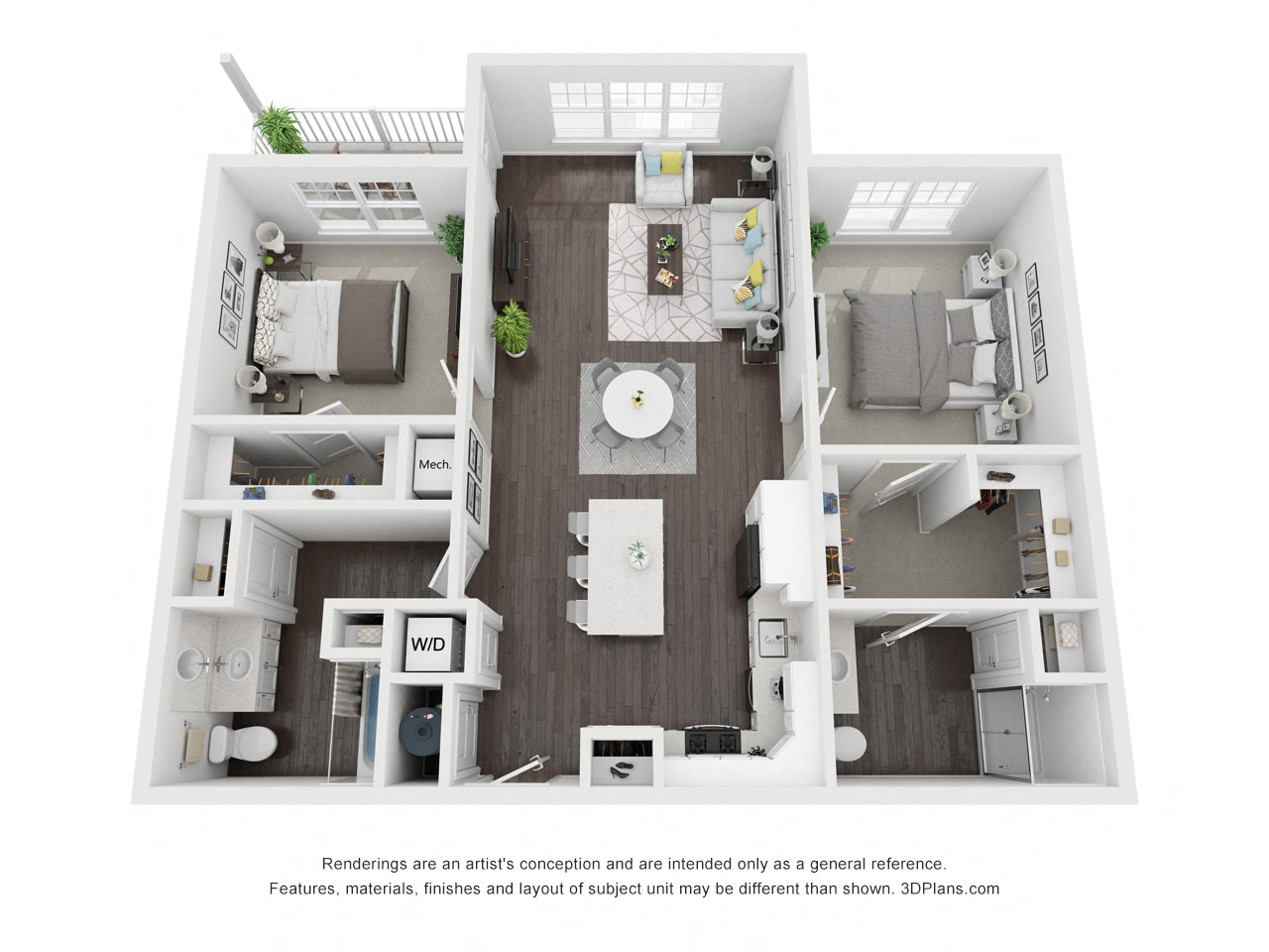 Floor plan for 2 beds, 2 baths, 1126 sqft